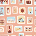 Seamless pattern of postal stamps. Travel labels and badges flat vector illustration Royalty Free Stock Photo